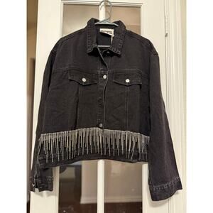 Savanna Jane rhinestone fringe crop front denim jacket black large western NWT